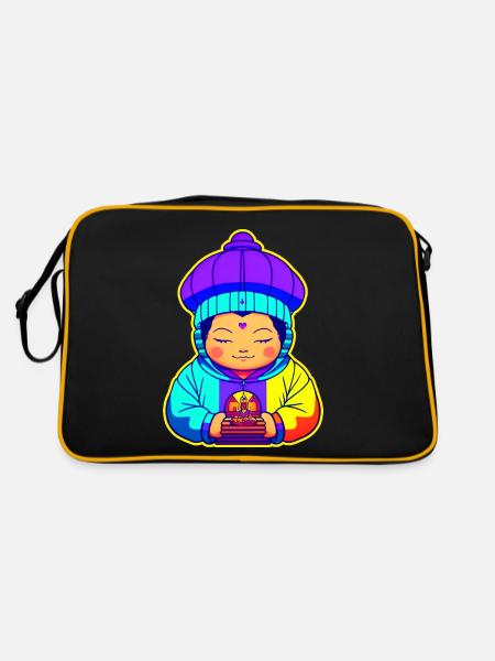 Cute little colorful Buddha child with hoodie - Retro Bag - black/gold - Back