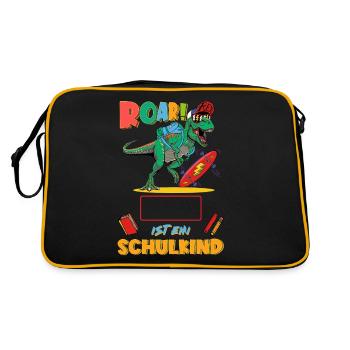 T-Rex Dino Schulkind personalisierbar mit Name - Retro Tasche - Schwarz/Gold - Hinten