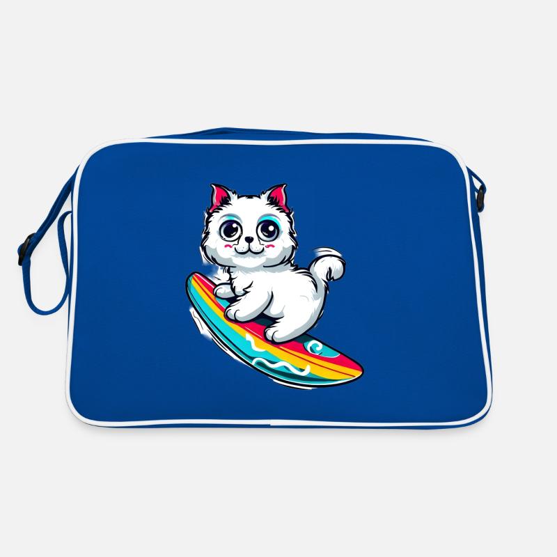 White cat on colorful surfboard Retro Bag