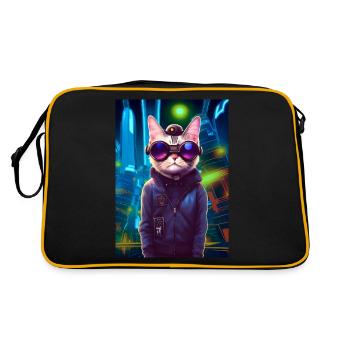 Techno Cat In Japan Neon City - Retro Tasche - Schwarz/Gold - Hinten
