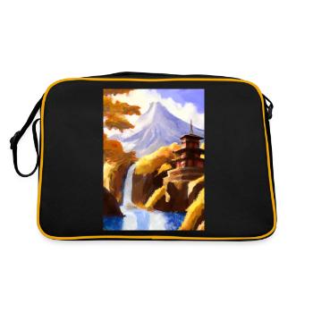 Japan Tower Wasserfall Gemälde - Retro Tasche - Schwarz/Gold - Hinten