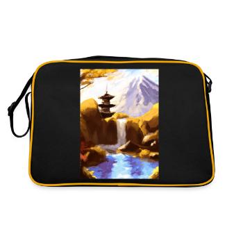Japan Tower Wasserfall Gemälde - Retro Tasche - Schwarz/Gold - Hinten