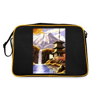 Japan Tower Wasserfall Gemälde - Retro Tasche - Schwarz/Gold - Hinten
