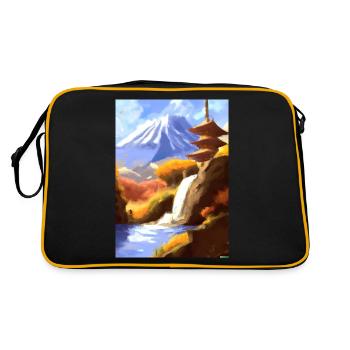 Japan Tower Wasserfall Gemälde - Retro Tasche - Schwarz/Gold - Hinten