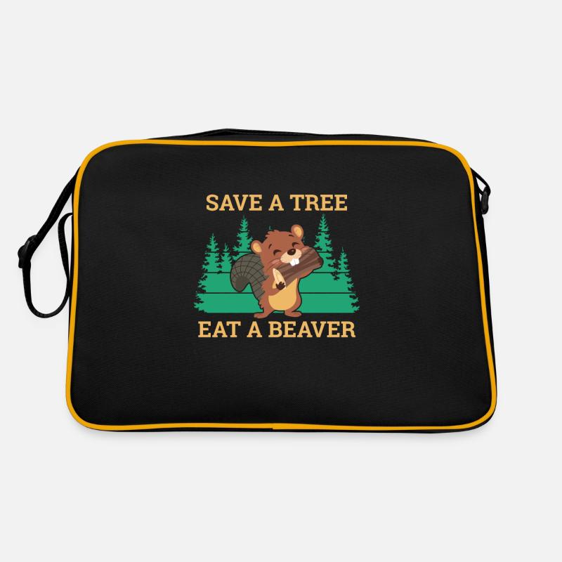 Save A Tree Eat A Beaver Biber Nager - Retro Tasche - Schwarz/Gold