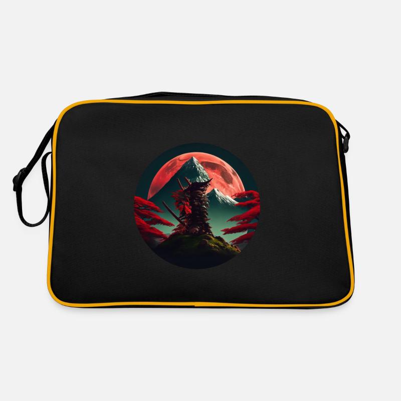 Samurai japanischer Baum vor Berg mit rotem Mond - Retro Tasche - Schwarz/Gold