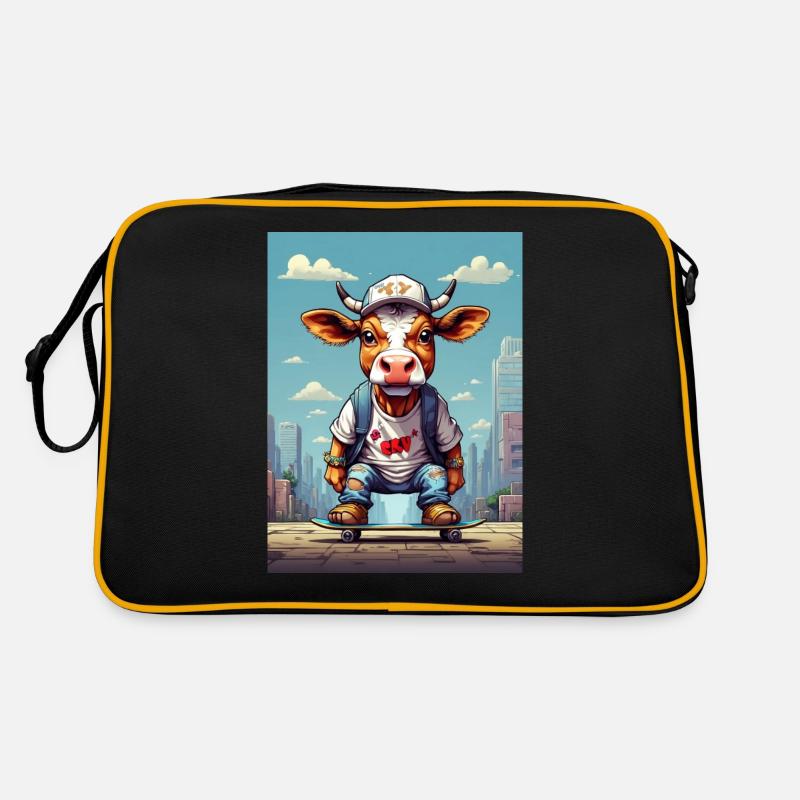Comic Kuh auf Skateboard Retro Tasche