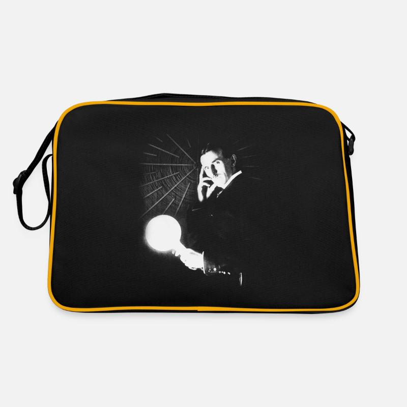 Nikola Tesla mit Glühbirne und Teslaspule - Retro Tasche - Schwarz/Gold