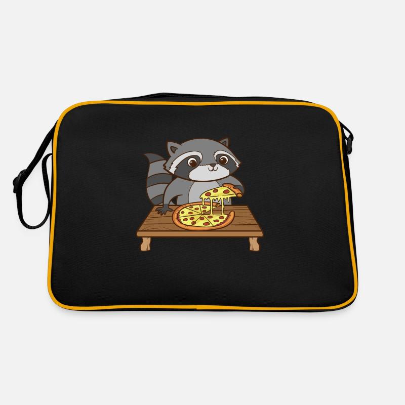 Ein süsser Waschbär isst eine Pizza. Retro Tasche