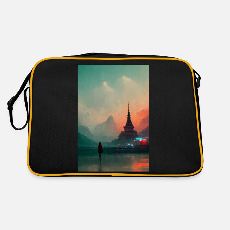Mädchen steht vor einem Tempel in Thailand Retro Tasche