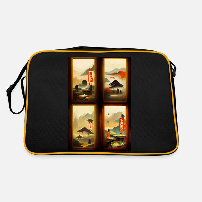 Japanische Gebäude Collage durch 4 Fenster Gemälde Retro Tasche
