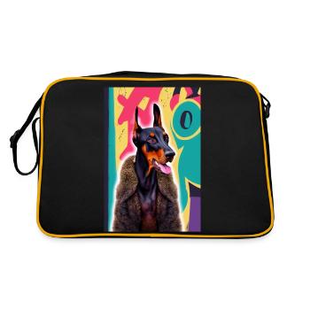 Doberman bossy en manteau de fourrure devant des graffitis - Sac Retro - noir/or - Dos