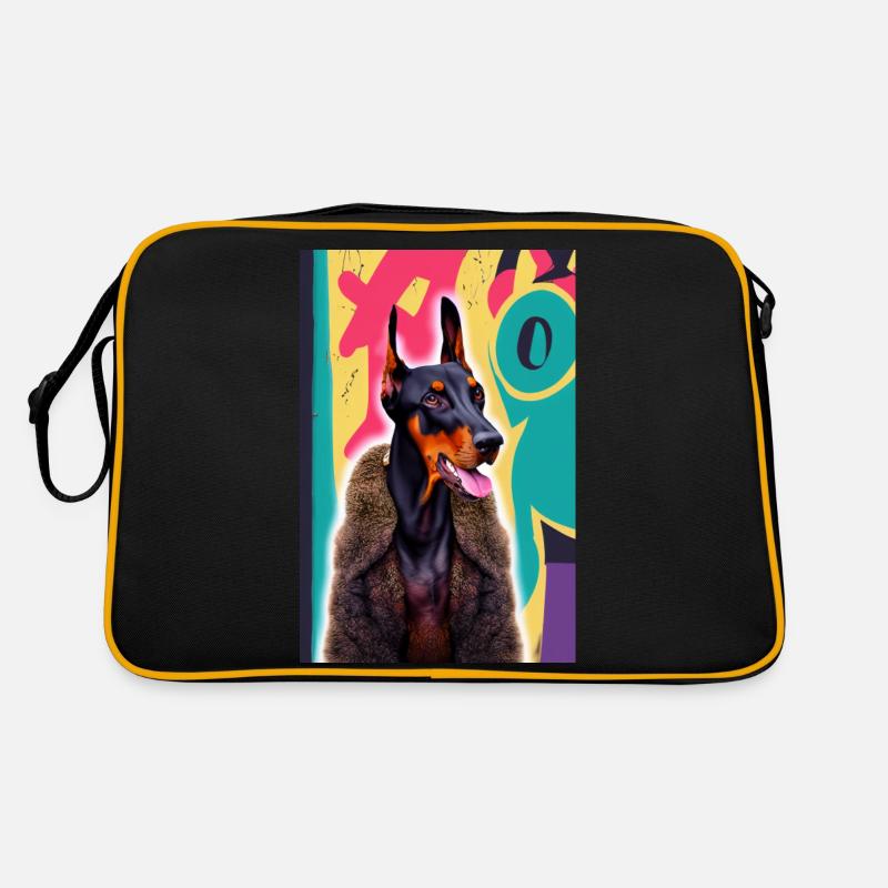 Bosshafter Dobermann im Pelzmantel vor Graffiti Retro Tasche