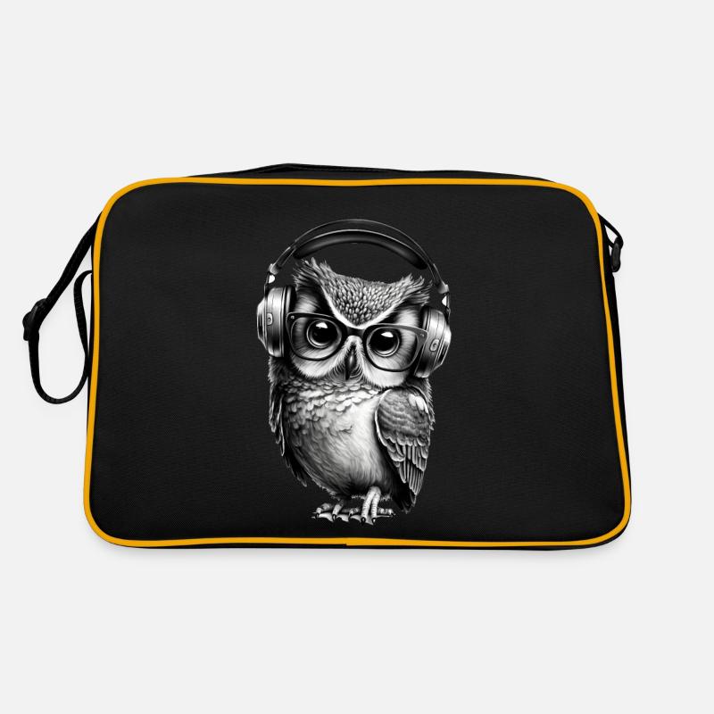 Eule mit Brille und Kopfhörern - Retro Tasche - Schwarz/Gold