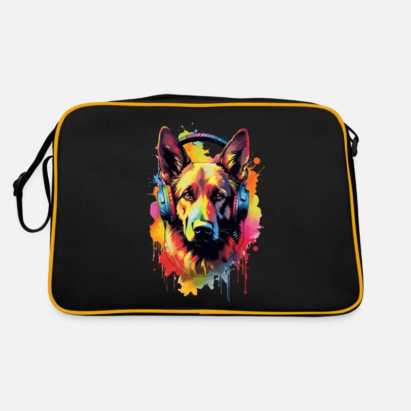 Bunter Deutscher Schäferhund mit Kopfhörer Retro Tasche