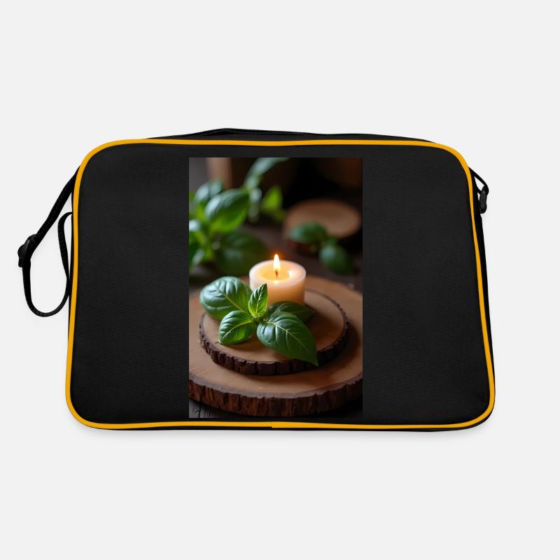 Burning candle with basil on rustic wood Retro Bag