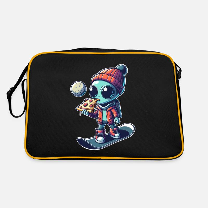 Süßes Comic Alien Snowboard Snowboarder - Retro Tasche - Schwarz/Gold