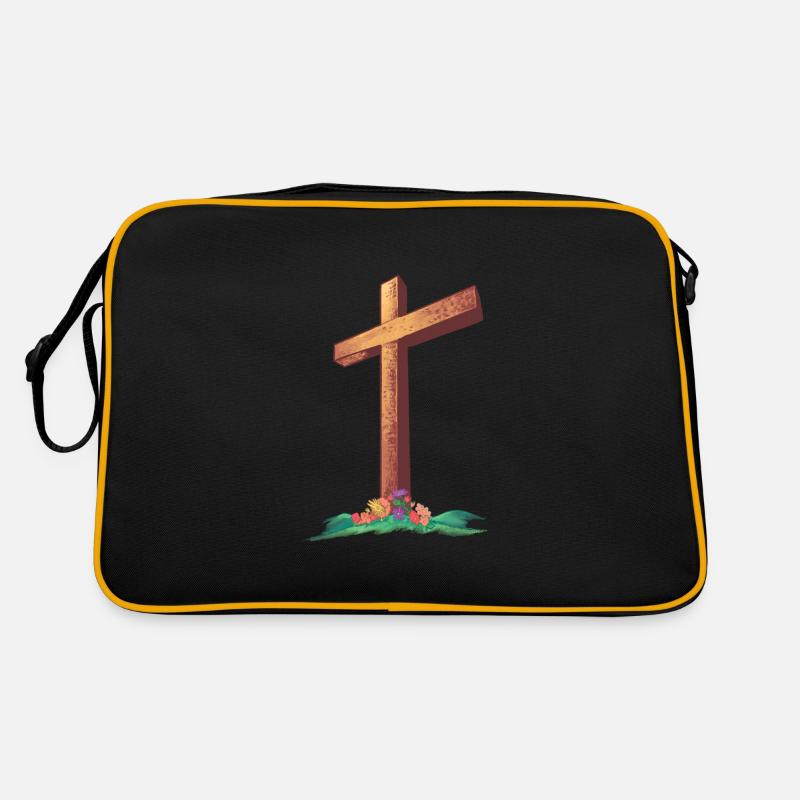 Croix chrétienne avec des fleurs sur une colline Sac Retro