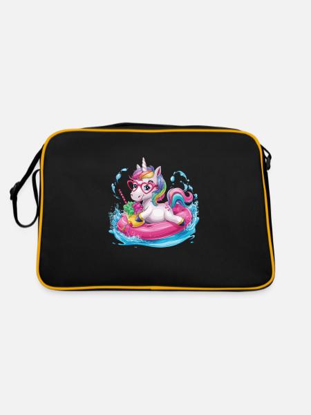 Niedliches Einhorn genießt Eiscreme-Spaß - Retro Tasche - Schwarz/Gold - Hinten