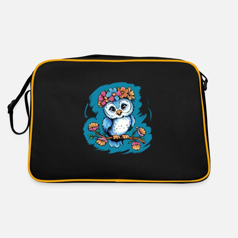 Niedliche Eule Vogel Federn Blumen für einen Retro Tasche