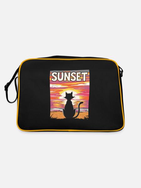 Friedlicher Sonnenuntergang Katze für eine - Retro Tasche - Schwarz/Gold - Hinten