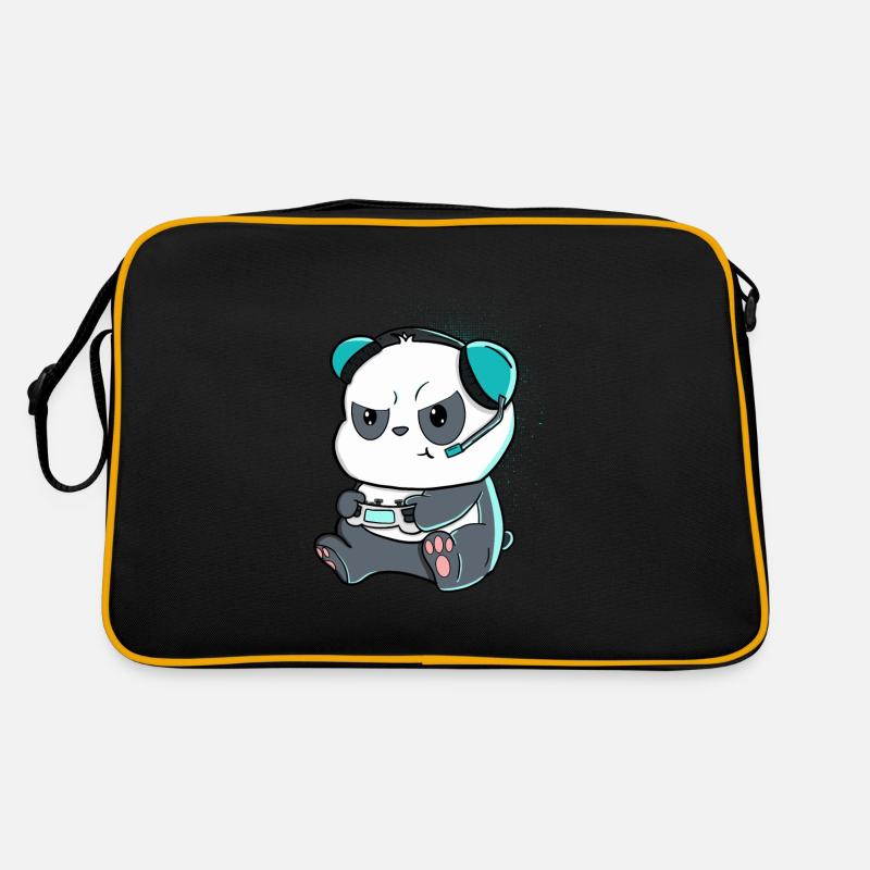 Comic-Style Panda mit Controller und Kopfhörer Retro Tasche