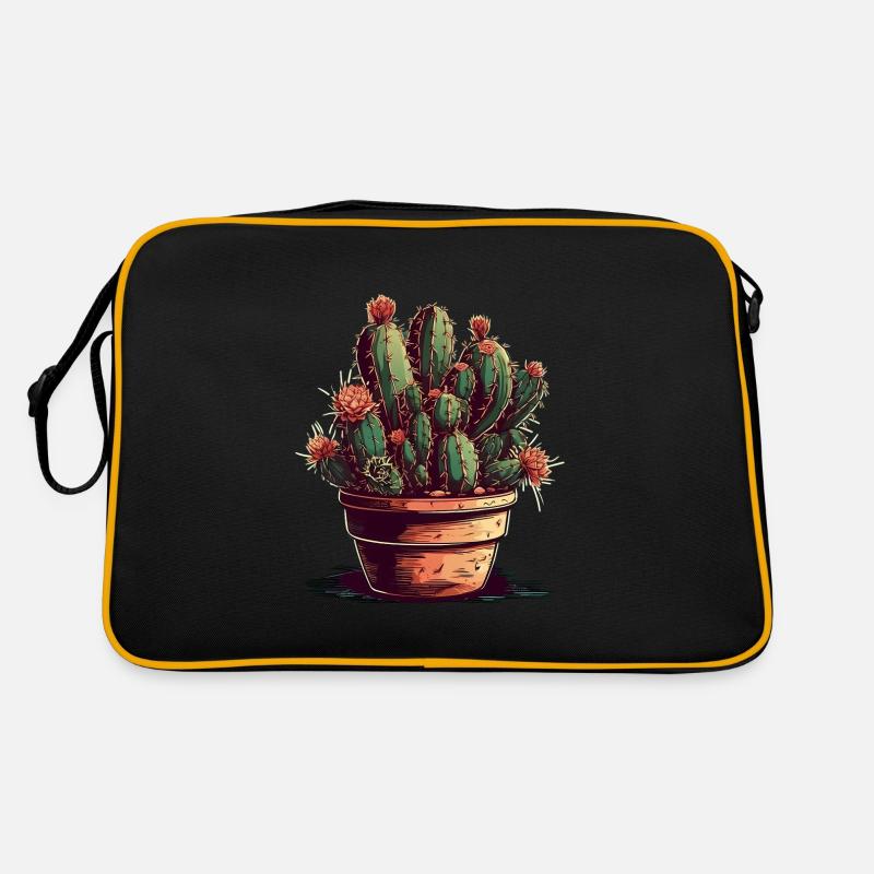 Petit cactus vert dans un pot de fleurs avec des fleurs Sac Retro
