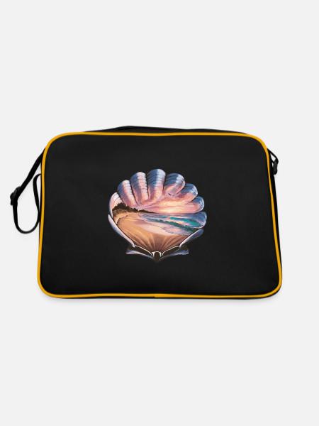 Muschel Strand Szene Serene Ozean Landschaft - Retro Tasche - Schwarz/Gold - Hinten