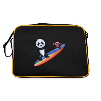 Surfender Panda und Affe - Retro Tasche - Schwarz/Gold - Hinten