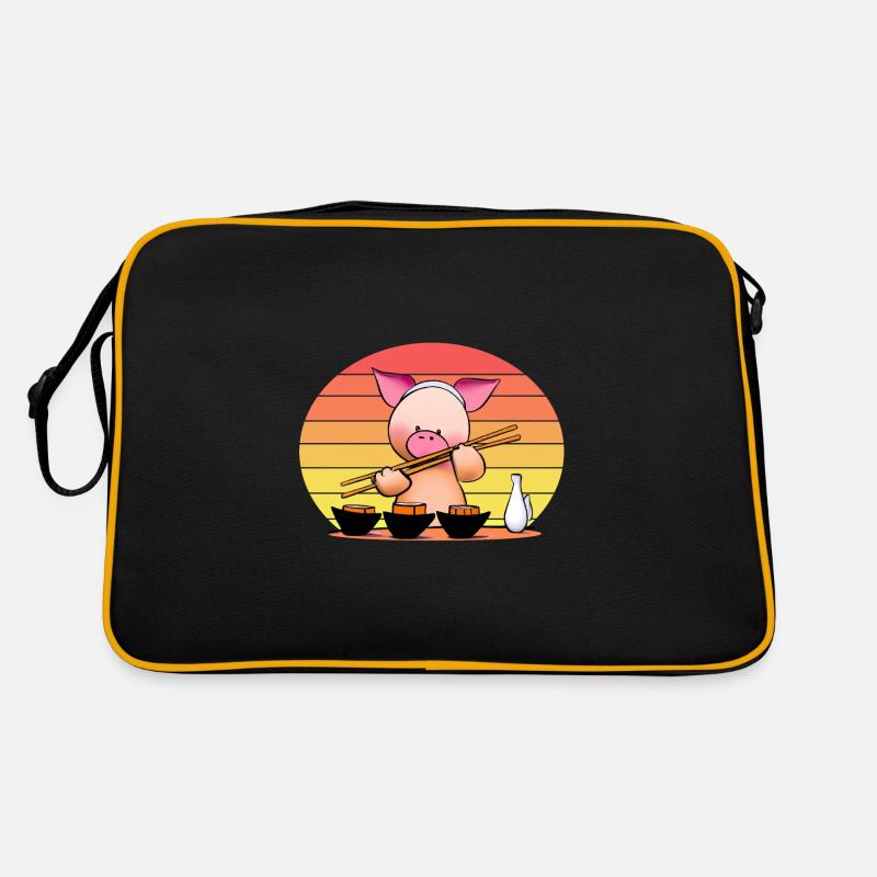 Schwein versucht Sushi mit Stäbchen Retro Tasche