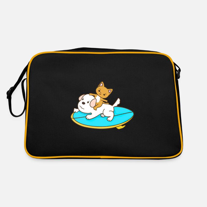 Cat rides on a dog surfboard Retro Bag