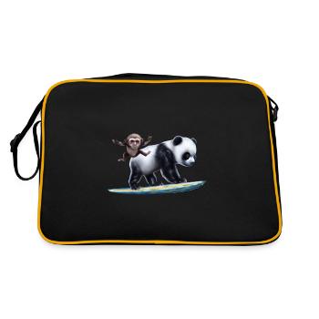 Surfender Panda und Affe - Retro Tasche - Schwarz/Gold - Hinten