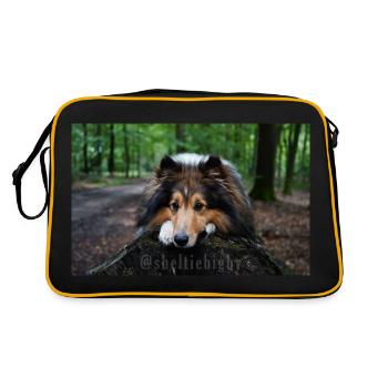 Cute dog, cute sheltie on tree trunk - Retro Bag - black/gold - Back