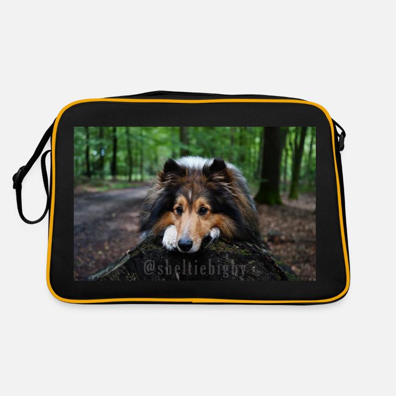 Cute dog, cute sheltie on tree trunk Retro Bag
