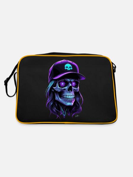 Purple Glow Skull Hippie Cap - Retro Bag - black/gold - Back