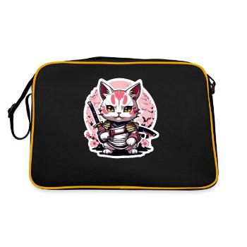 Samurai Katze & Kirschblüten #4 - Retro Tasche - Schwarz/Gold - Hinten