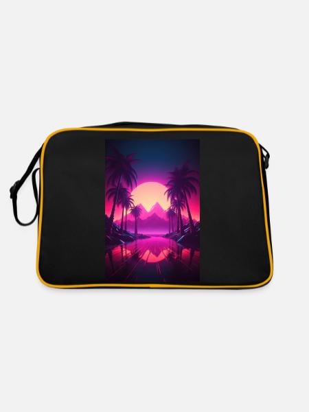 Beachside Beats: Synthwave-Vibes unter Palmen - Retro Tasche - Schwarz/Gold - Hinten