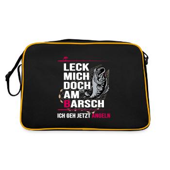 Angler angelt Barsch Angelhaken Angelschein - Retro Tasche - Schwarz/Gold - Hinten