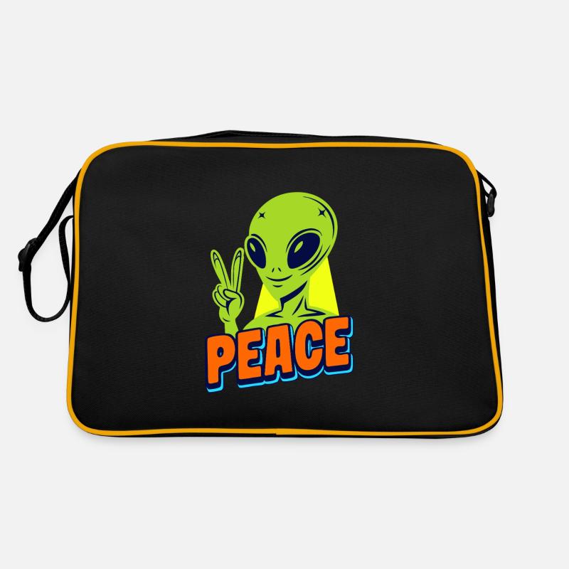 Funny green Alien with Peace sign Space - Retro Tasche - Schwarz/Gold