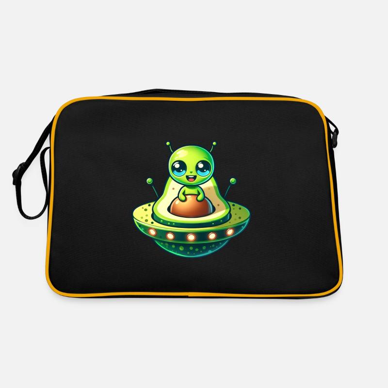 Alien Avocado UFO Lustiger Comic - Retro Tasche - Schwarz/Gold