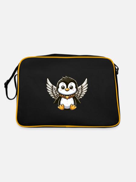 Süßer Pinguin Engel Comic Design - Retro Tasche - Schwarz/Gold - Hinten