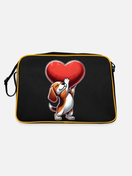 Beagle Herz Verliebt Valentinstag - Retro Tasche - Schwarz/Gold - Hinten