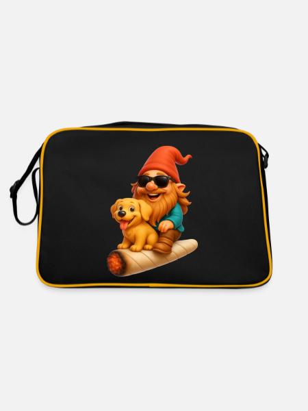 Cooler Zwerg mit Hund auf Joint fliegend - Weed - Retro Tasche - Schwarz/Gold - Hinten