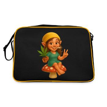 Knuffige Zwergin kifft auf Fliegenpilz - Cannabis - Retro Tasche - Schwarz/Gold - Hinten