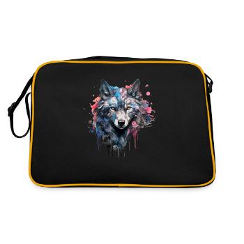 Wolf Design Wolfkopf in bunten Farben Wolfsrudel - Retro Tasche - Schwarz/Gold - Hinten