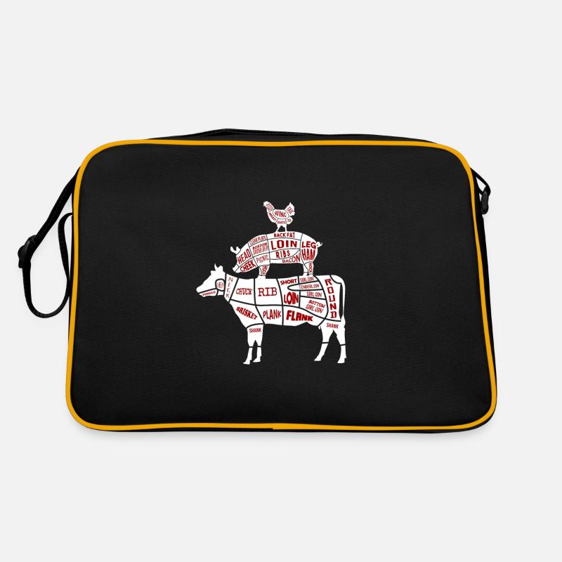 Grillen Fleischteile Huhn Schwein Rind - Retro Tasche - Schwarz/Gold