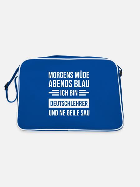 Morgens Müde Abends Blau Deutschlehrer - Retro Tasche - Blau/Weiß - Hinten