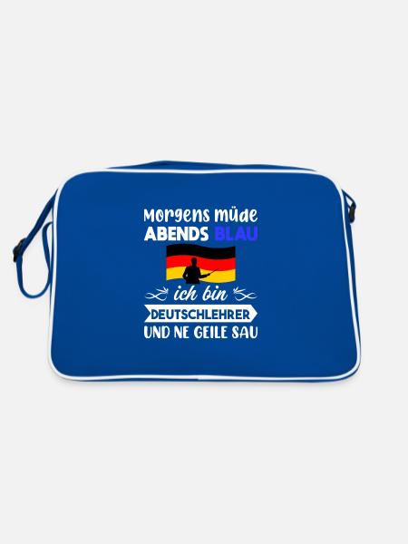 Morgens Müde Abends Blau Deutschlehrer - Retro Tasche - Blau/Weiß - Hinten