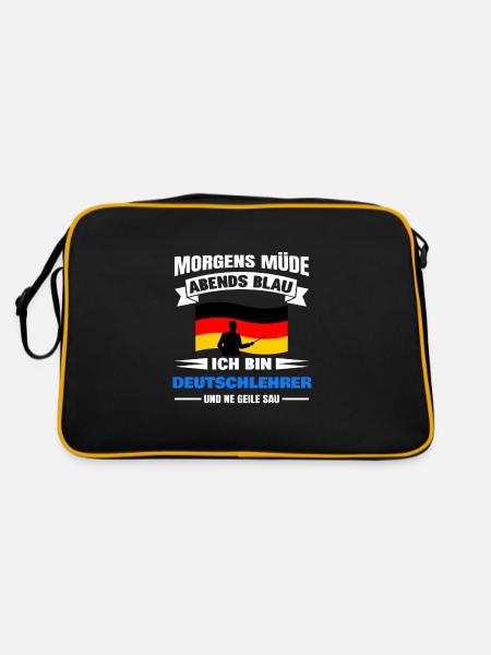 Morgens Müde Abends Blau Deutschlehrer - Retro Tasche - Schwarz/Gold - Hinten