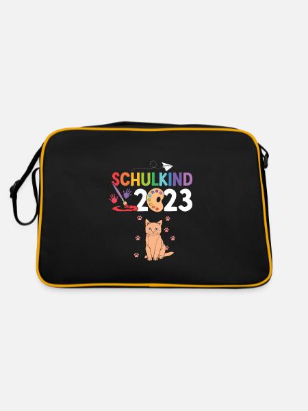 Katze Schulanfang Schulkind 2023 - Retro Tasche - Schwarz/Gold - Hinten